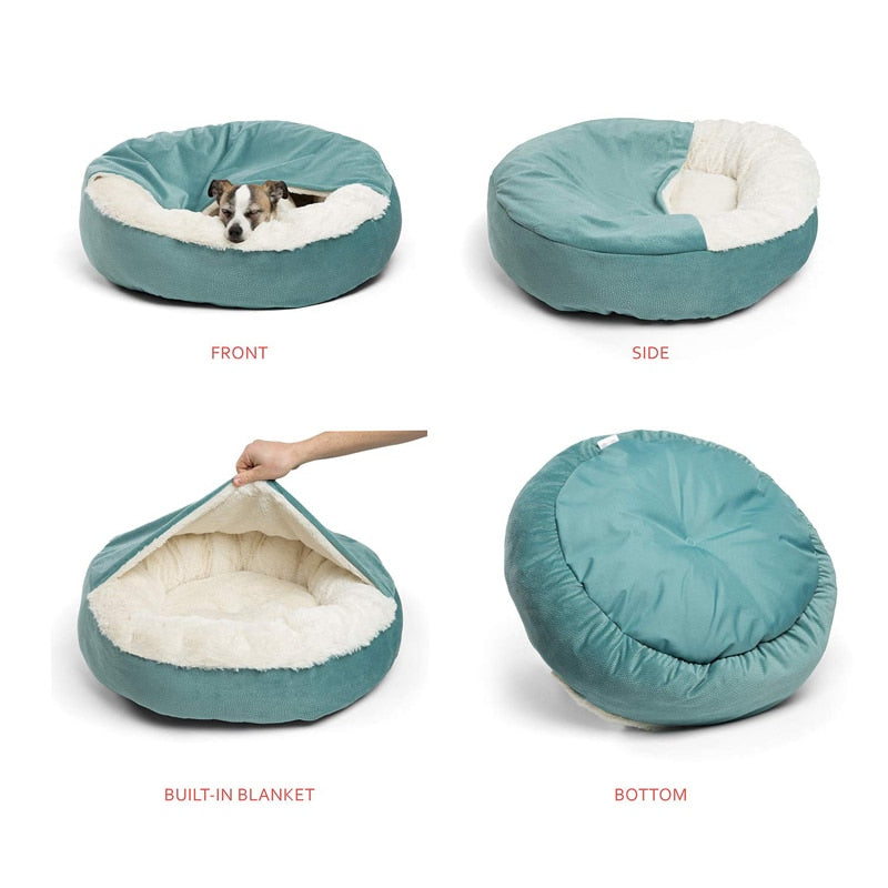 Ultimate Winter Coziness - Warm Dog/Cat Bed with Fleece Hooded Blanket