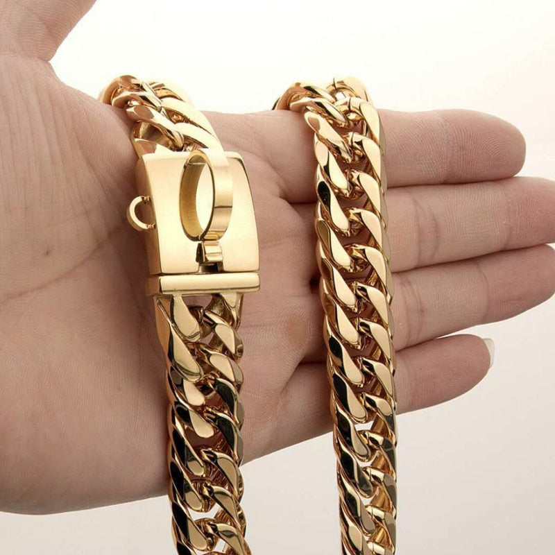 Laidan-Gold Chain Dog Collar, 14mm Wide Cuban Link Dog Collar
