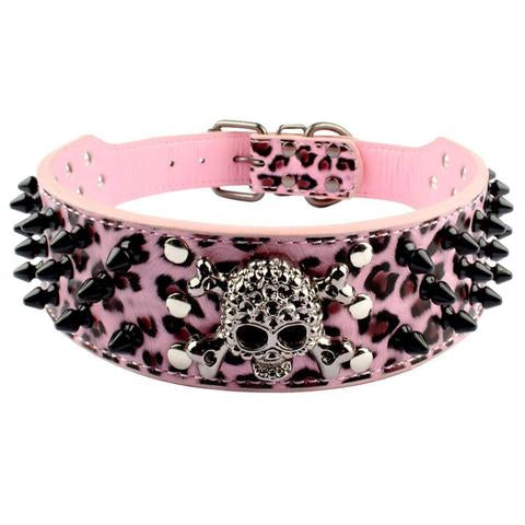 pink leopard skull spiked dog collar