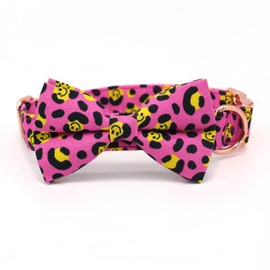 Smiley Face Leopard Fuchsia Hot Pink Bow Tie Collar Leash Set